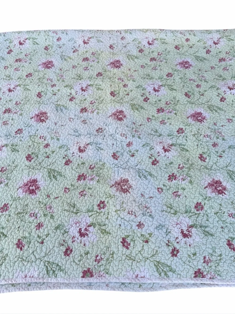 VTG Laura Ashley Reversible Floral Quilt Green Pink Roses Stripes 84x86 FLAWS